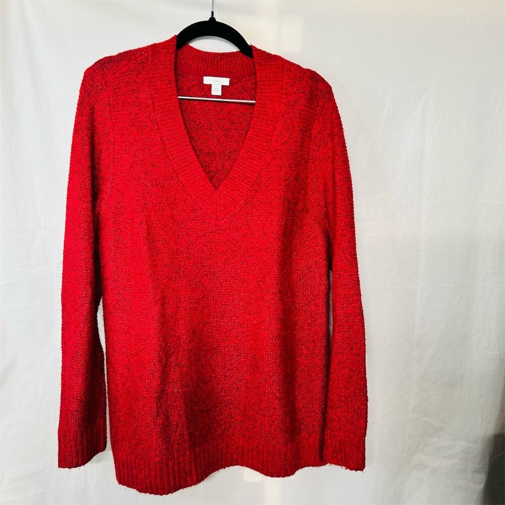 J. Jill Sweater Womens Size M Heathered Red Textured Knit V-Neck Pullover Long
